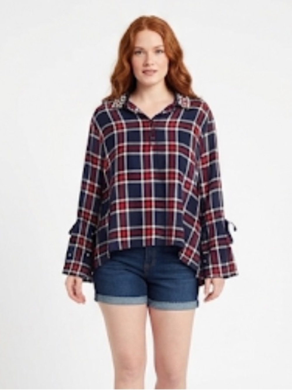 Life style women’s plaid shirt bell sleeves with pearl accents size PXL (3x$15)